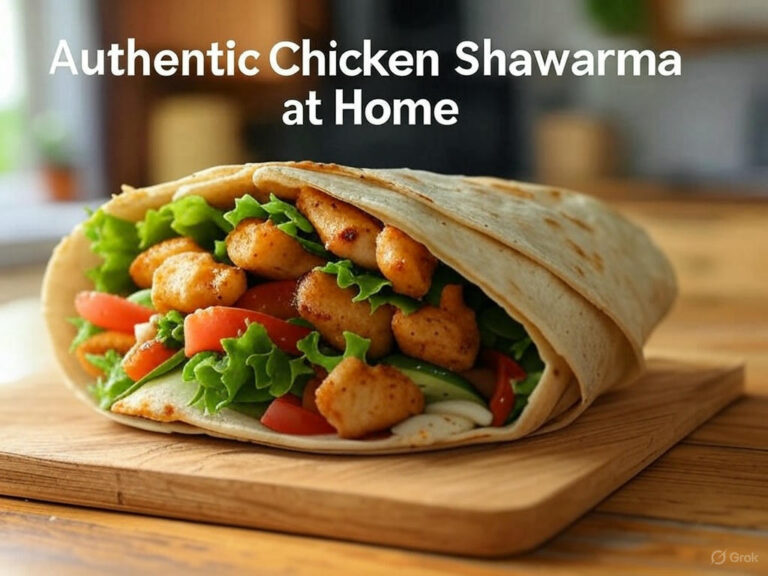 Close-up of a golden-brown Chicken Shawarma wrap with fresh vegetables and sauces