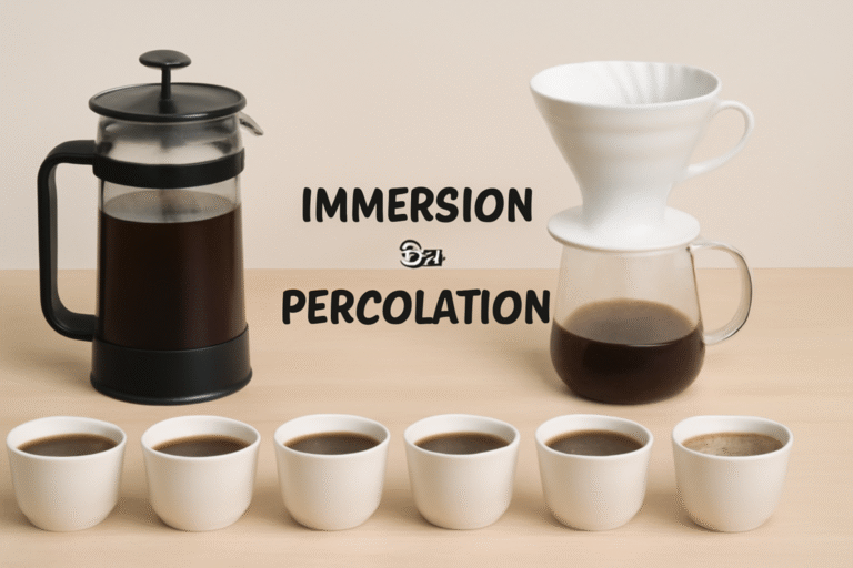 Side-by-side comparison of French press (immersion) and pour-over (percolation) brewing methods with tasting cups.