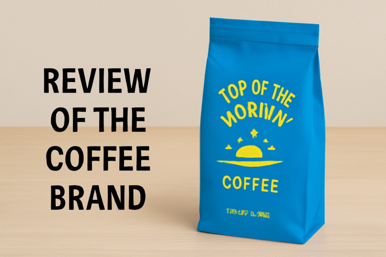 Blue bag of 'Top of the Mornin' Coffee' with bold yellow text and a sunrise illustration, placed next to the headline 'REVIEW OF THE COFFEE BRAND
