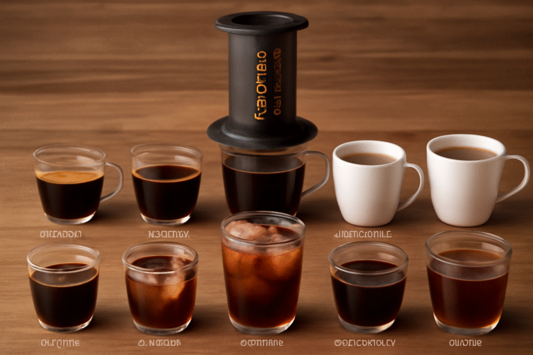 A high-resolution image showcasing nine different AeroPress brewing methods arranged in a 3x3 grid on a wooden table, with a dark gray AeroPress at the center and various coffee styles surrounding it.