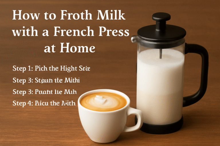 A French press with frothy milk and a latte with heart-shaped foam on a wooden table, accompanied by step-by-step