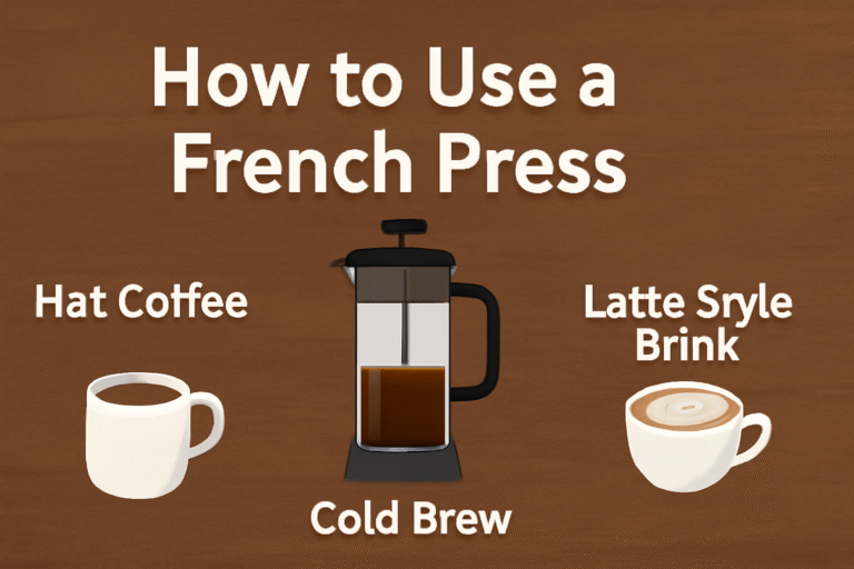 Instructional image showing how to use a French press to make hot coffee, cold brew, and latte-style drinks, with icons representing each method.