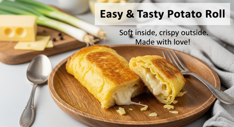 Golden crispy potato roll sliced open on plate with cheese, onion, and herbs
